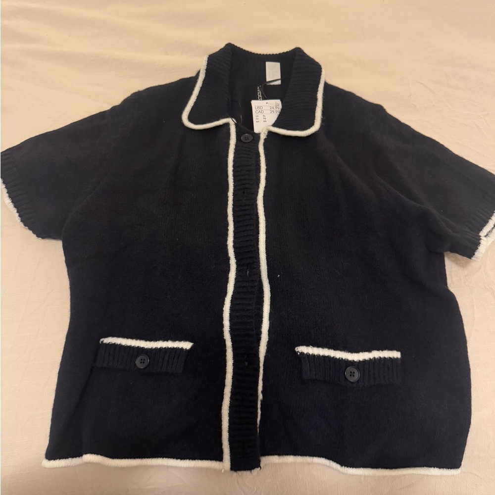 Women's Navy Short Sleeve Sweater Cardigan